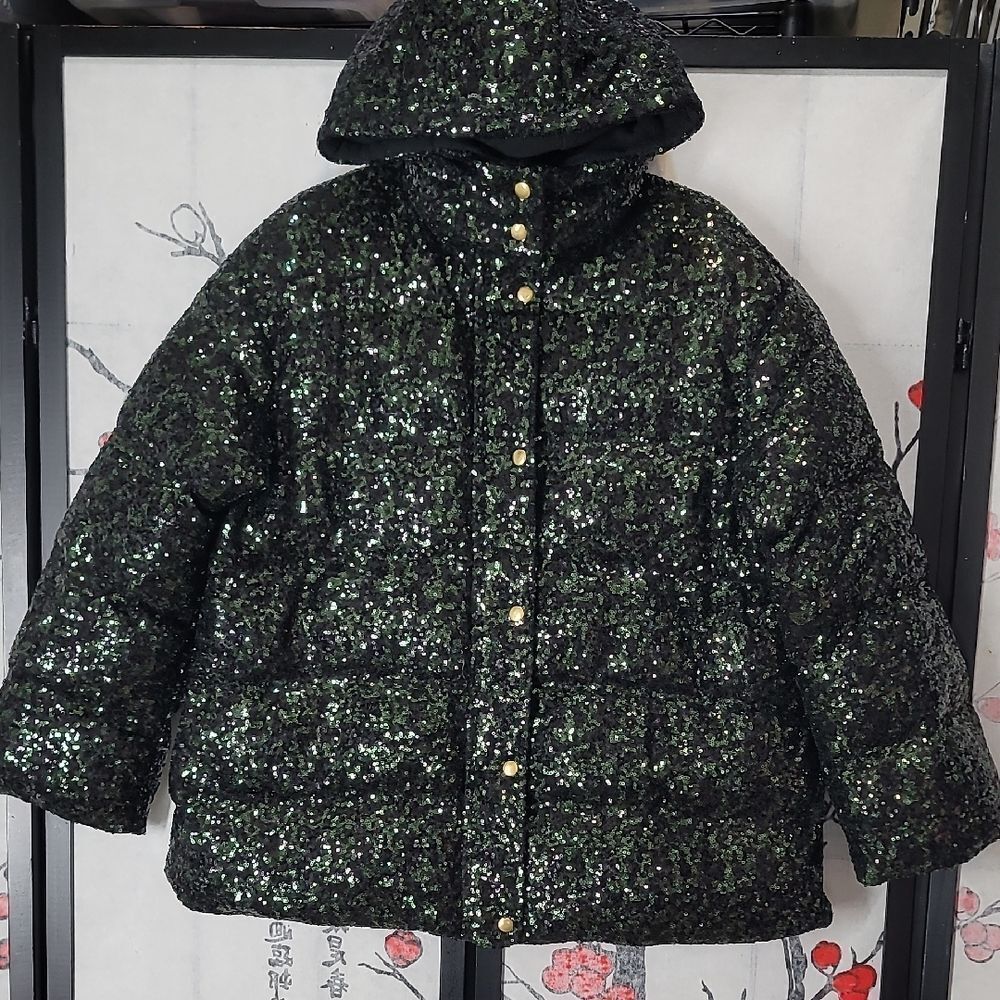 Manoush Sparkle Sequin Green Puffer Hooded Jacket Size 4